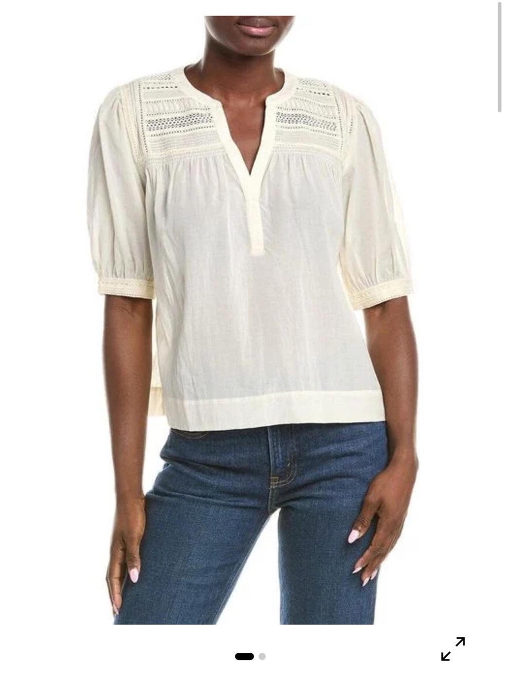 Women's Cream Split-Neck Crochet Yoke Blouse